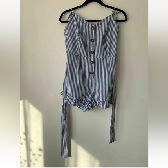 Brave Soul Pants - Brave Soul Blue White Stripe Button Playsuit hotpants Size S 8 UK